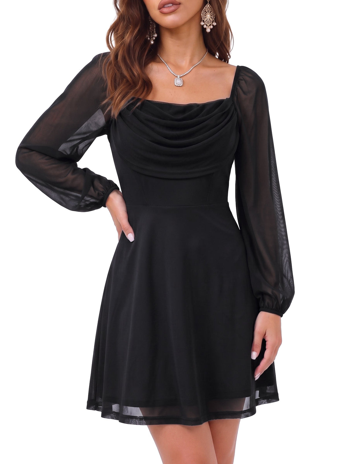 Dokotoo Women's Long Lantern Sleeve Square Neck Smocked A-Line Mini Dresses