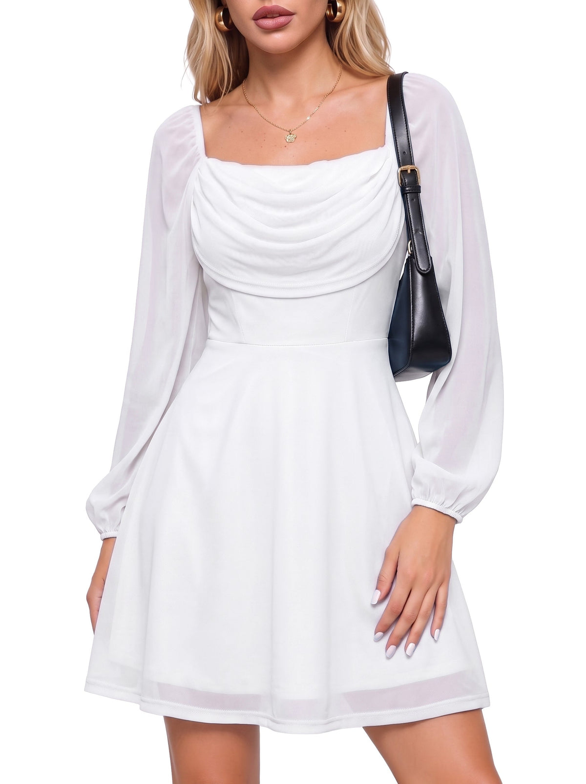 Dokotoo Women's Long Lantern Sleeve Square Neck Smocked A-Line Mini Dresses