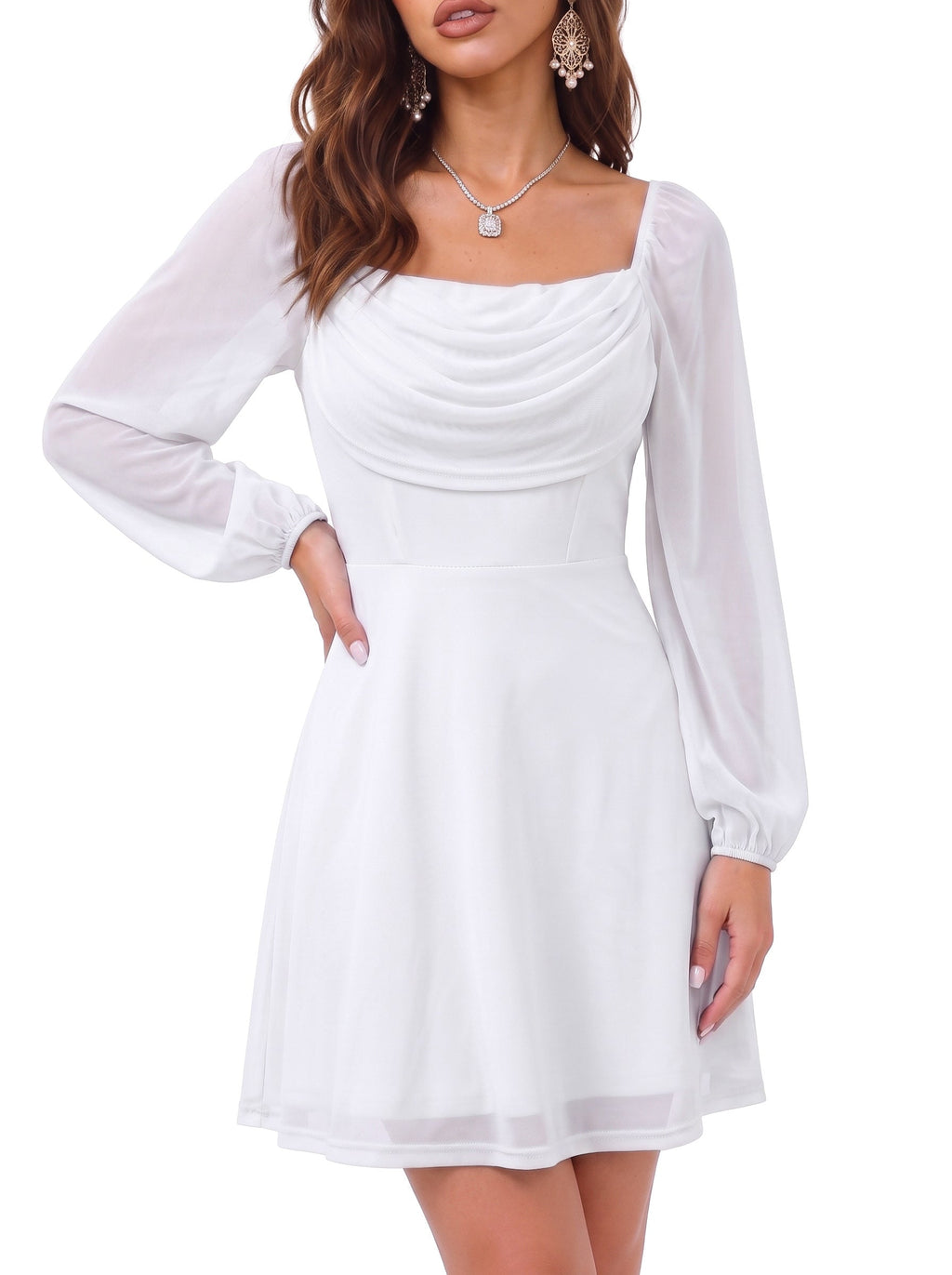 Dokotoo Women's Long Lantern Sleeve Square Neck Smocked A-Line Mini Dresses