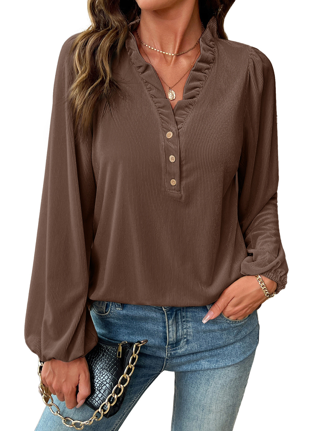 Dokotoo Womens Tops Ruffle V Neck Button Long Sleeve Shirts for Women