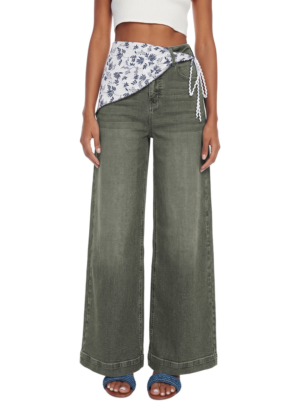 Jeans for Women Wide Leg Denim Stretch Pants with Scarf Belt