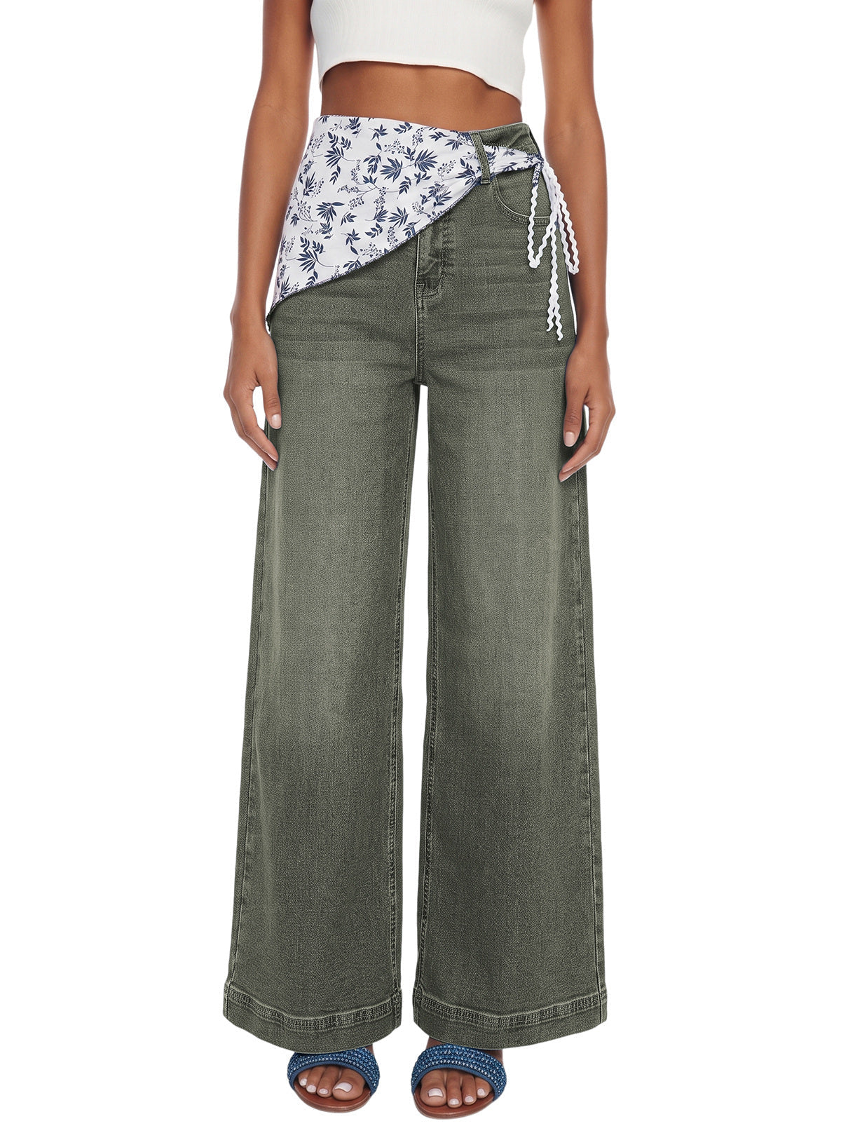 Jeans for Women Wide Leg Denim Stretch Pants with Scarf Belt