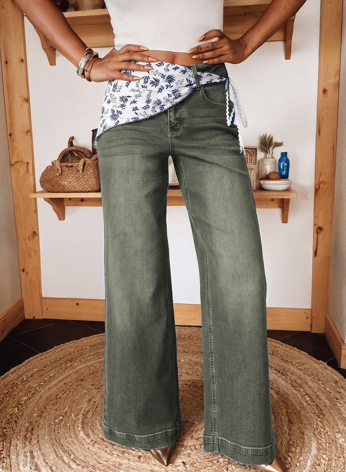 Jeans for Women Wide Leg Denim Stretch Pants with Scarf Belt