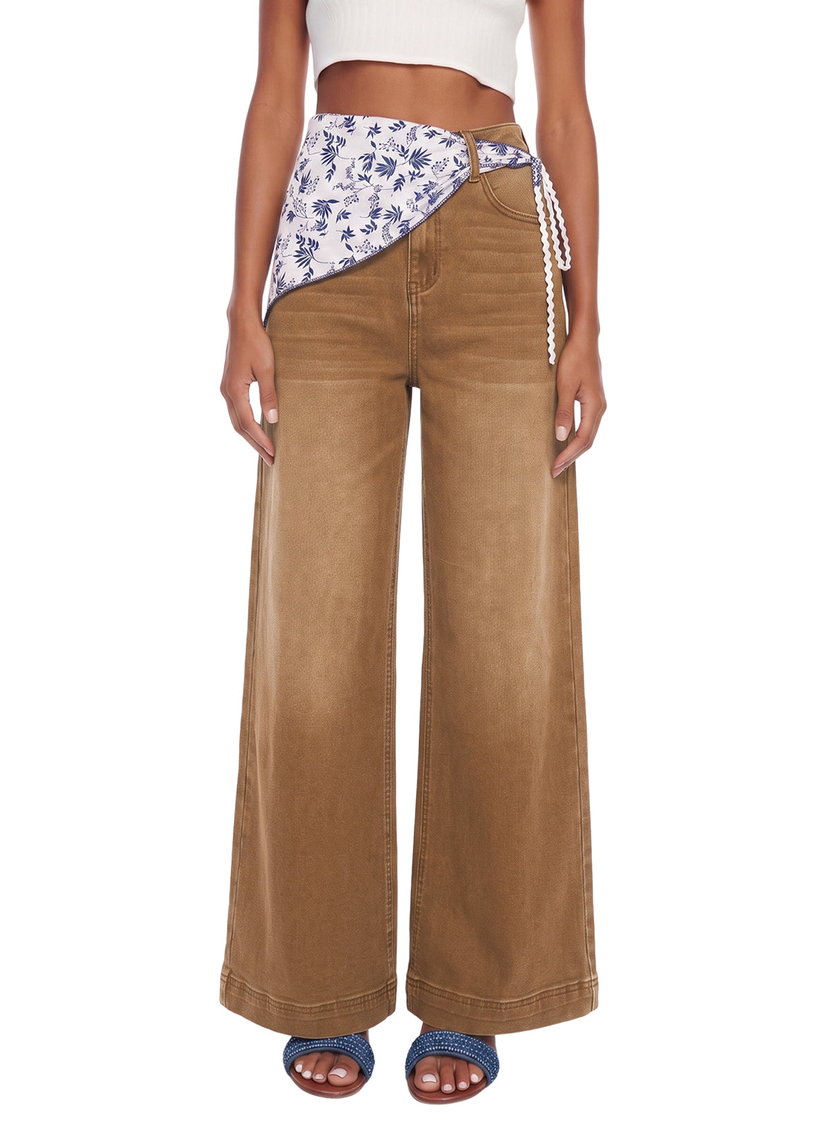 Jeans for Women Wide Leg Denim Stretch Pants with Scarf Belt
