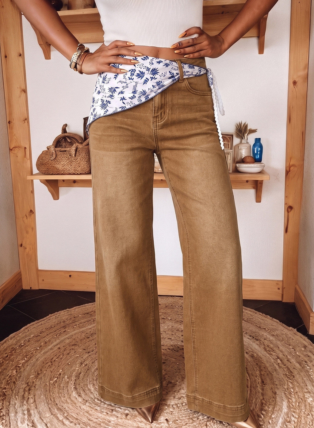 Jeans for Women Wide Leg Denim Stretch Pants with Scarf Belt