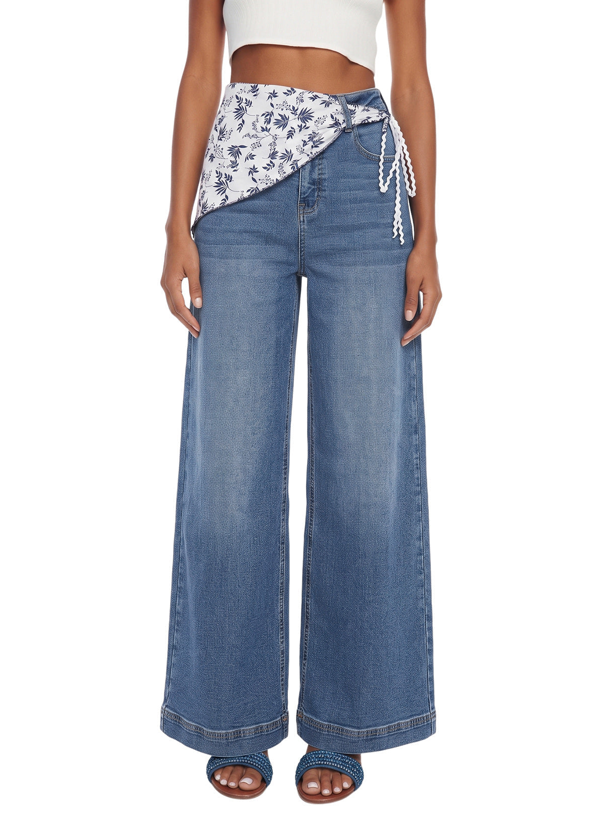 Jeans for Women Wide Leg Denim Stretch Pants with Scarf Belt