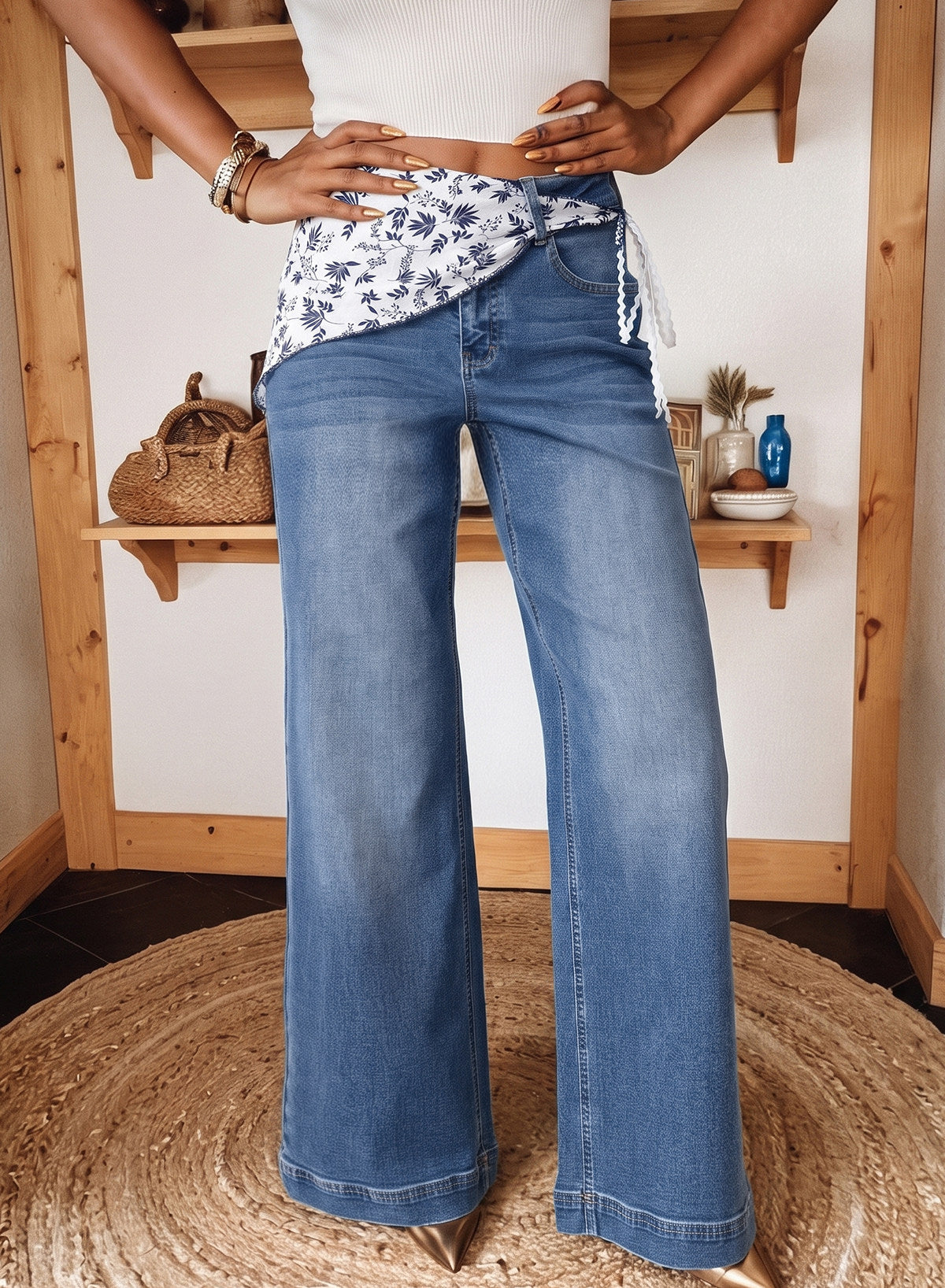 Jeans for Women Wide Leg Denim Stretch Pants with Scarf Belt