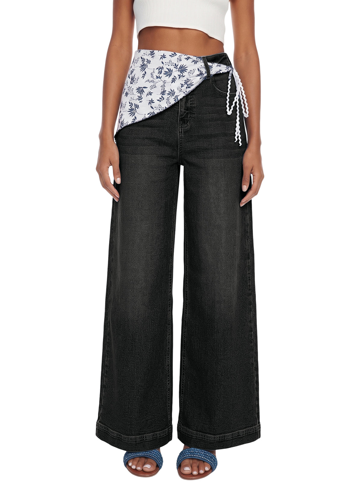 Jeans for Women Wide Leg Denim Stretch Pants with Scarf Belt