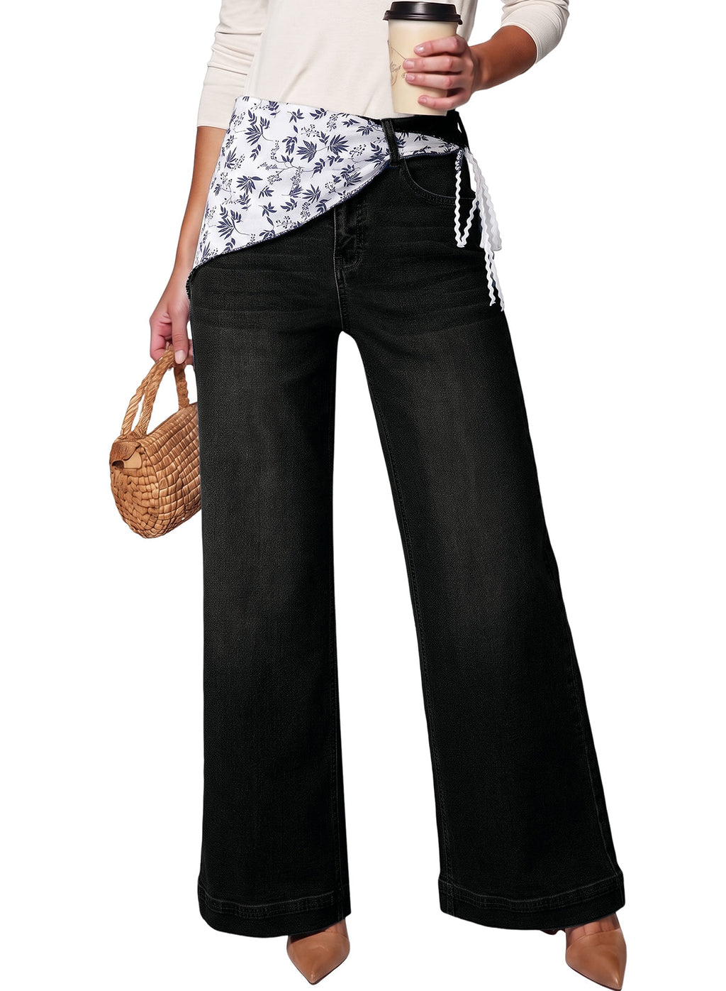 Jeans for Women Wide Leg Denim Stretch Pants with Scarf Belt