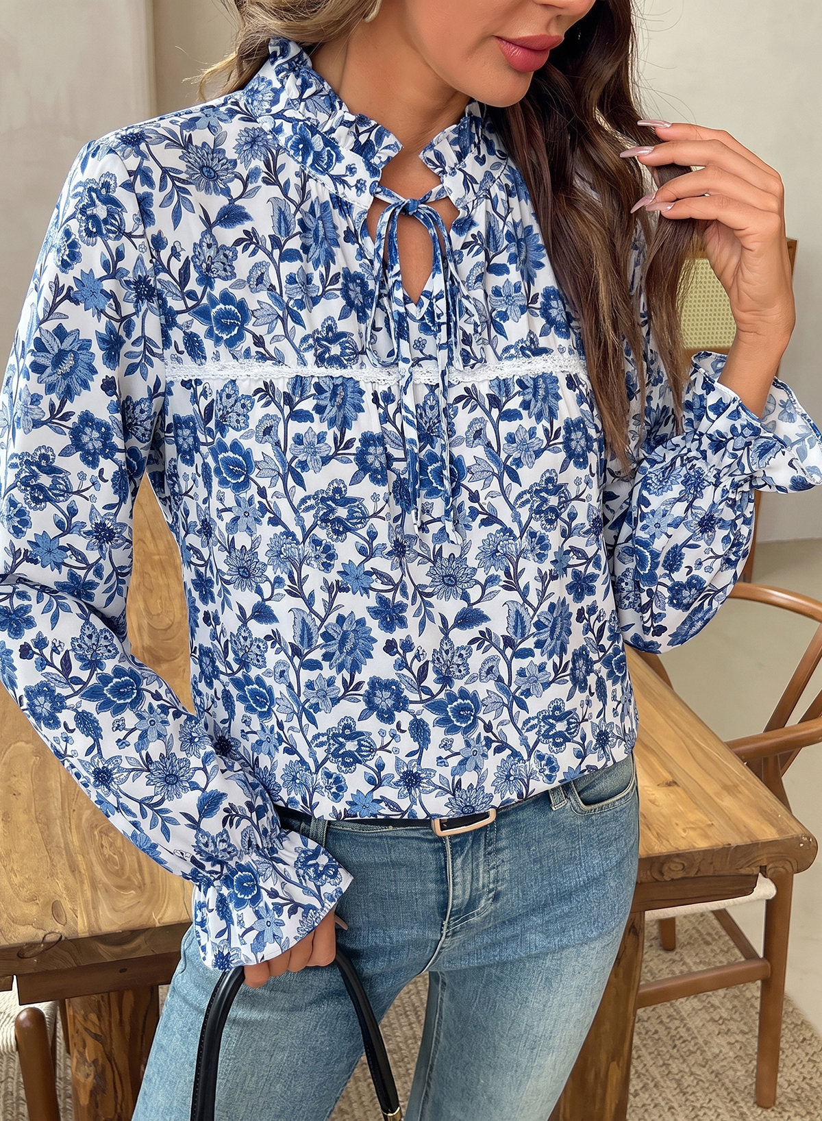 Dokotoo Long Sleeve Shirts for Women Boho Floral Tie V Neck Blouses