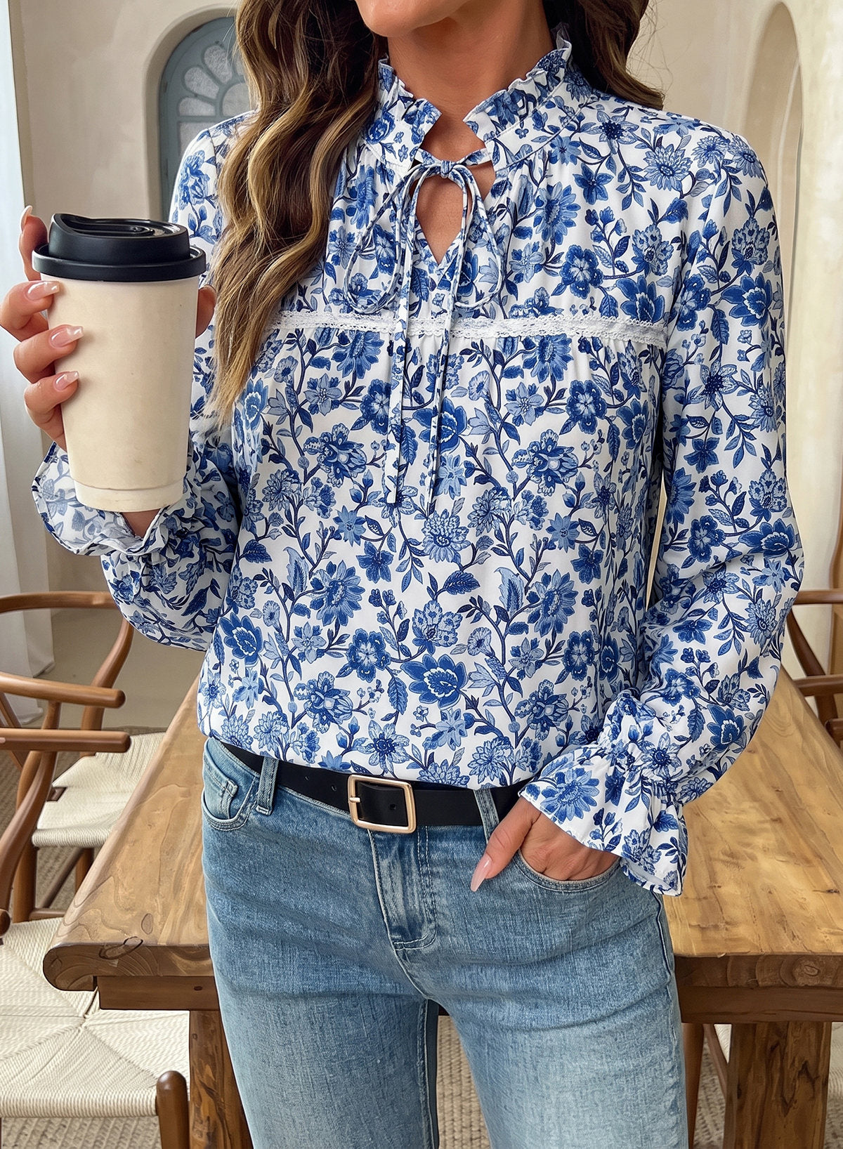 Dokotoo Long Sleeve Shirts for Women Boho Floral Tie V Neck Blouses