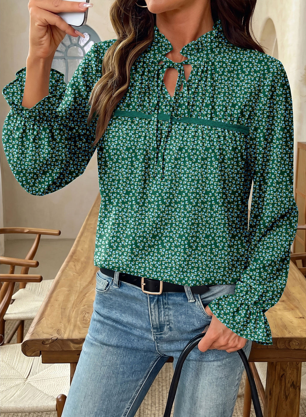 Dokotoo Long Sleeve Shirts for Women Boho Floral Tie V Neck Blouses