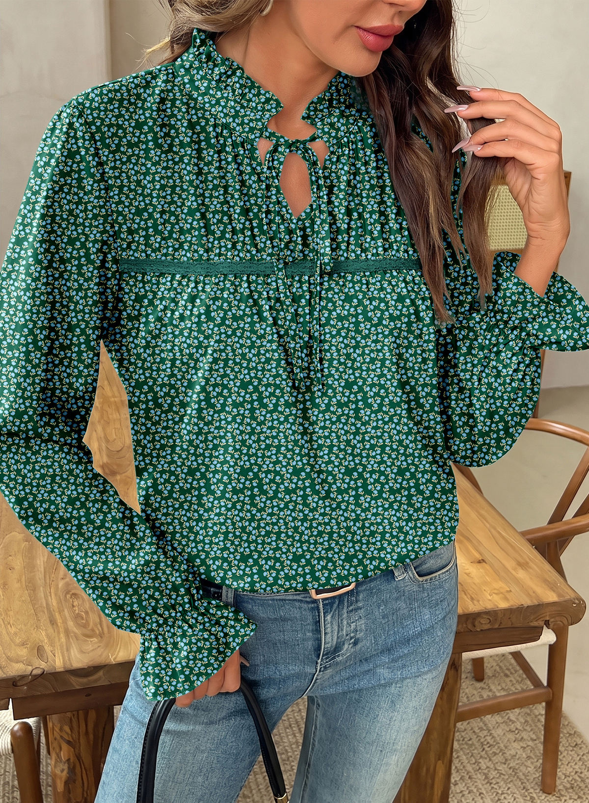 Dokotoo Long Sleeve Shirts for Women Boho Floral Tie V Neck Blouses