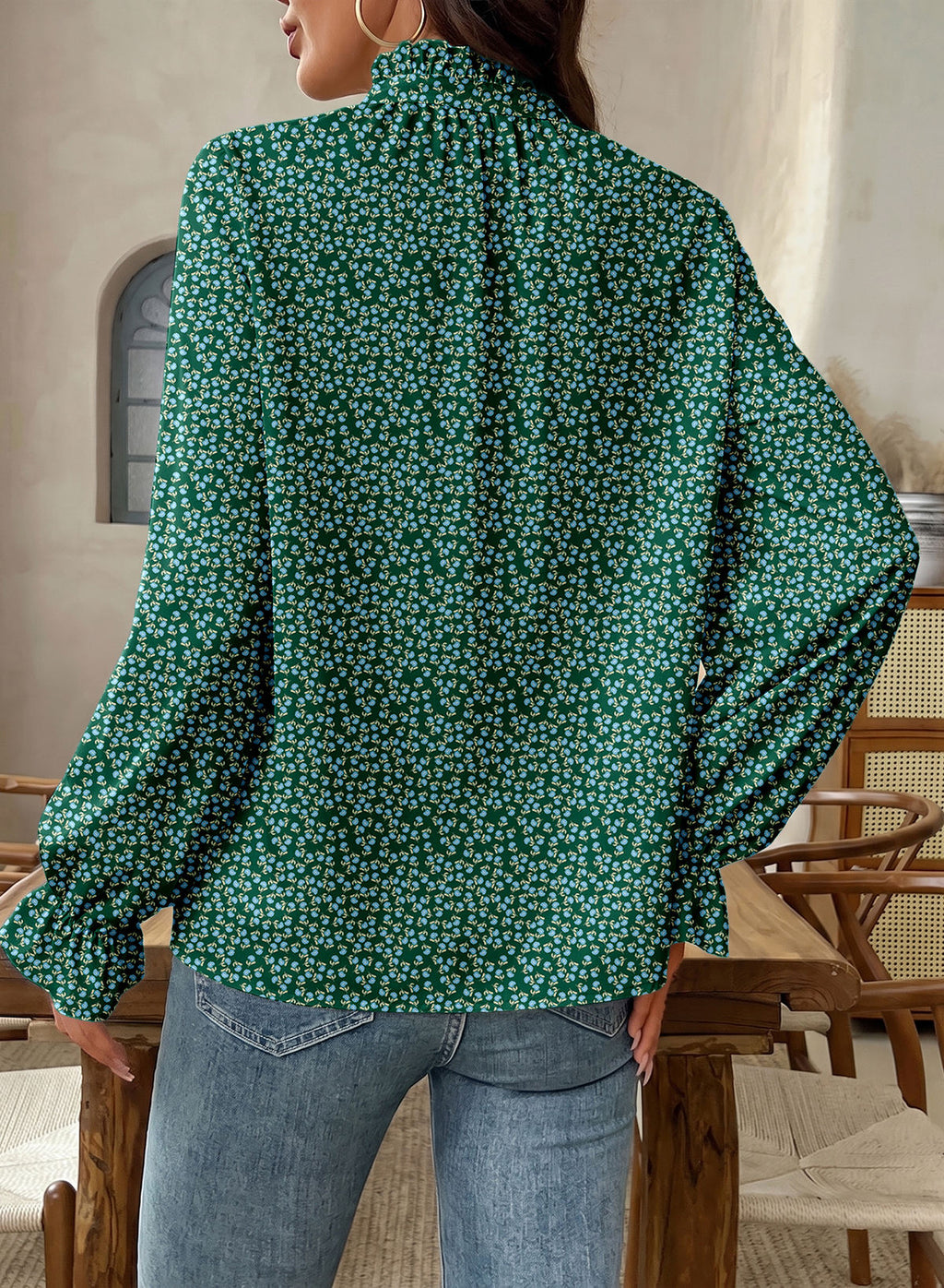 Dokotoo Long Sleeve Shirts for Women Boho Floral Tie V Neck Blouses