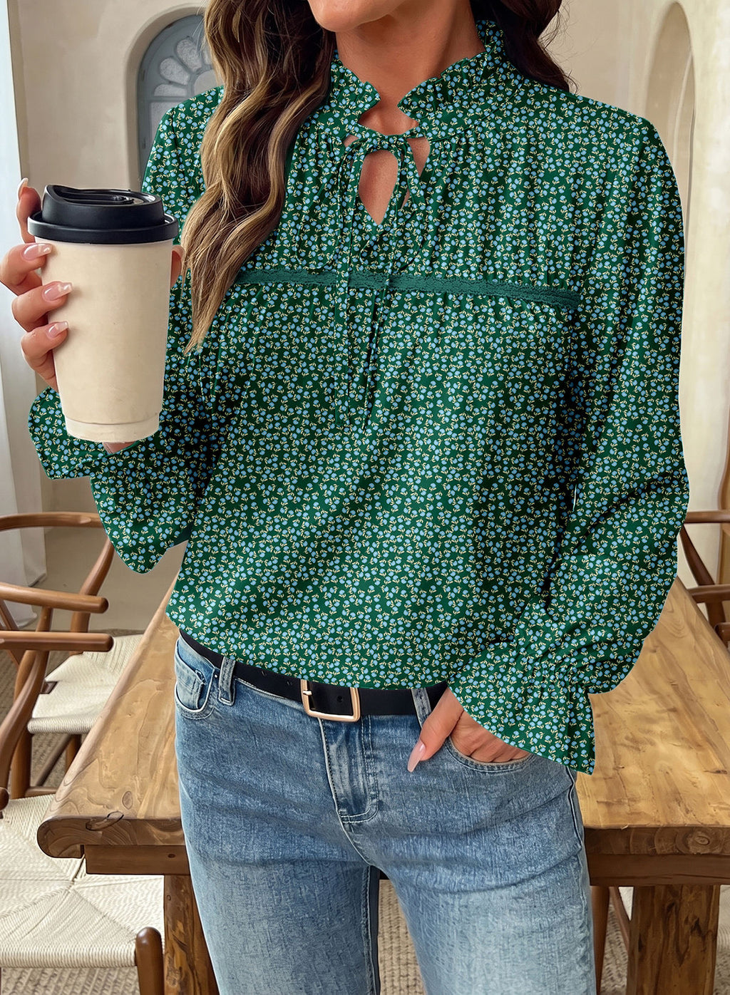 Dokotoo Long Sleeve Shirts for Women Boho Floral Tie V Neck Blouses