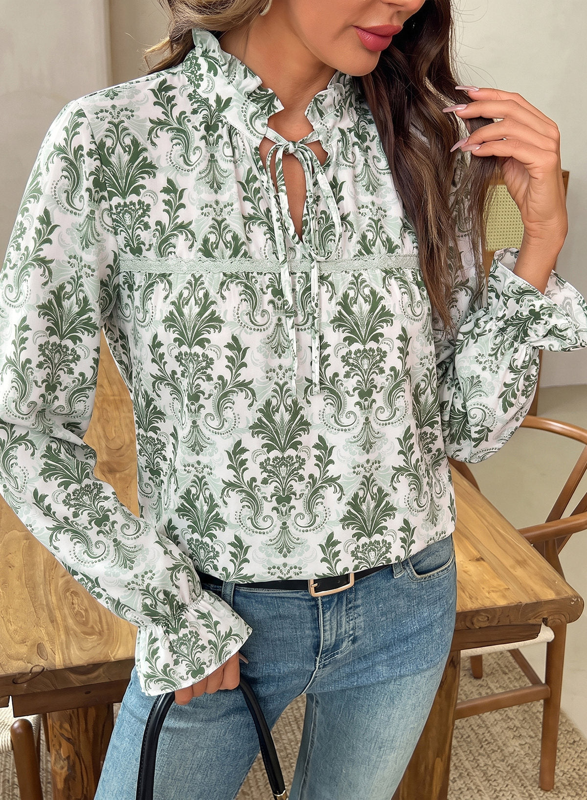 Dokotoo Long Sleeve Shirts for Women Boho Floral Tie V Neck Blouses