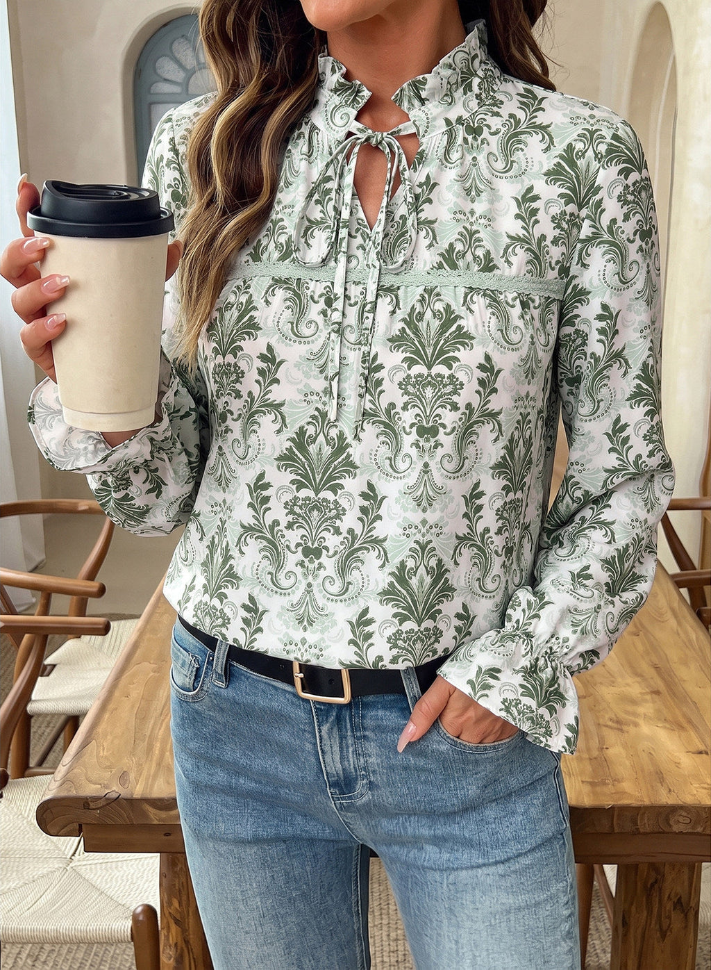 Dokotoo Long Sleeve Shirts for Women Boho Floral Tie V Neck Blouses
