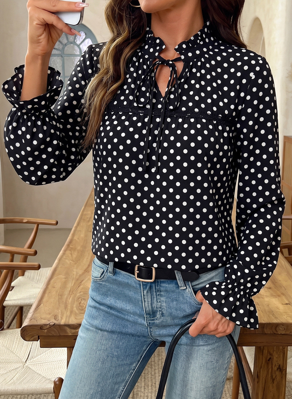 Dokotoo Long Sleeve Shirts for Women Boho Floral Tie V Neck Blouses
