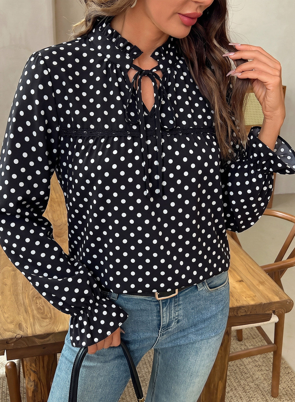 Dokotoo Long Sleeve Shirts for Women Boho Floral Tie V Neck Blouses