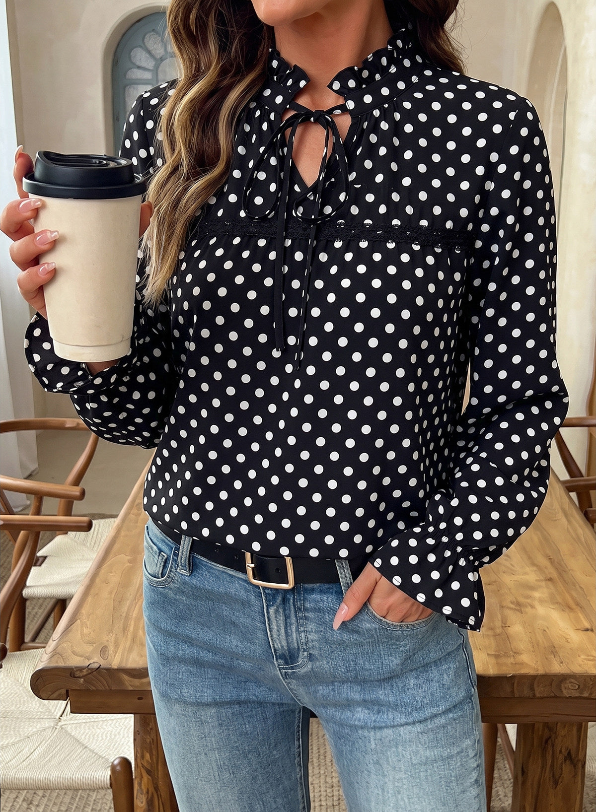 Dokotoo Long Sleeve Shirts for Women Boho Floral Tie V Neck Blouses
