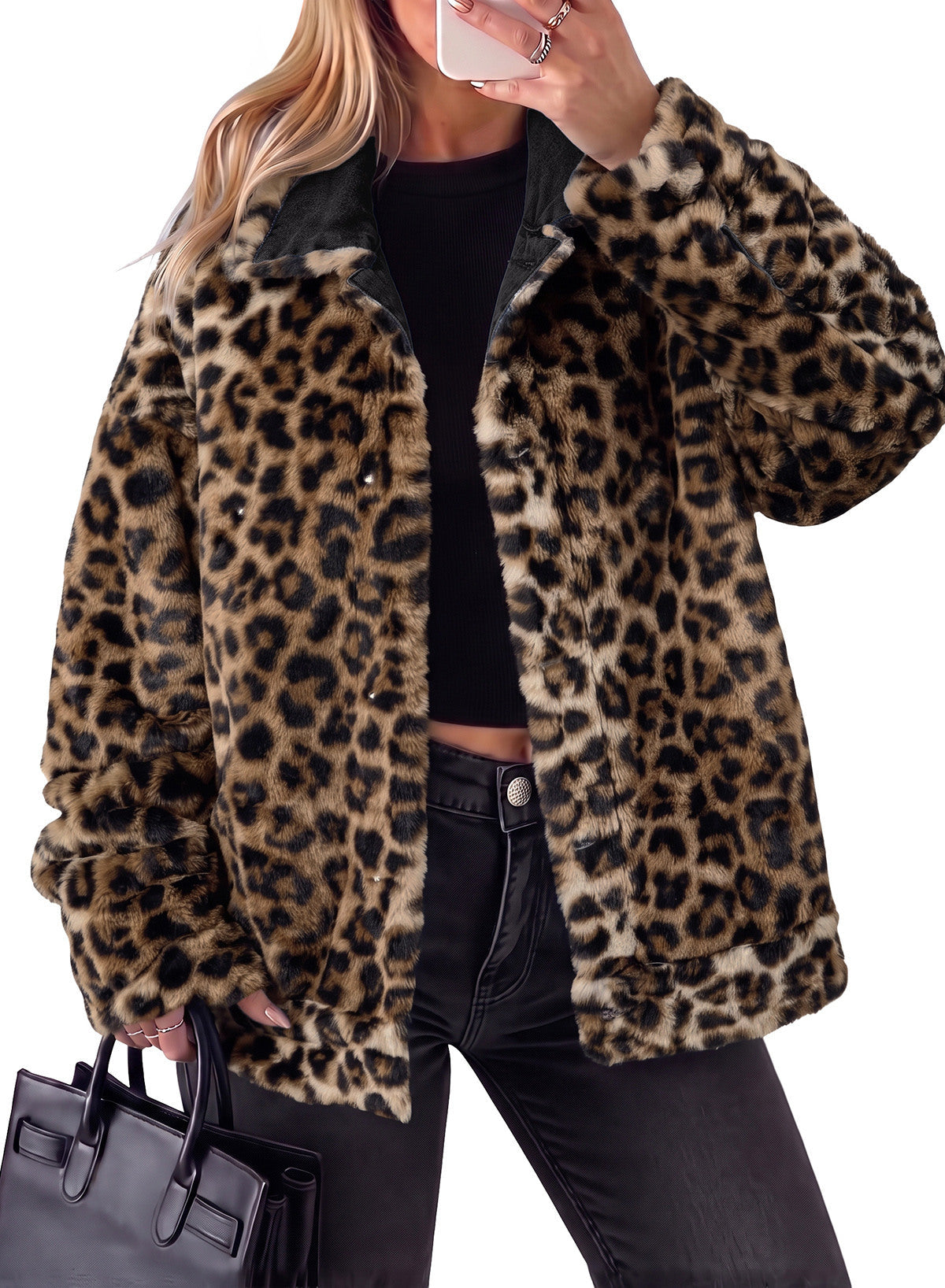 Dokotoo Womens Leopard Sherpa Fleece Thick Warm Oversized Jean Jacket