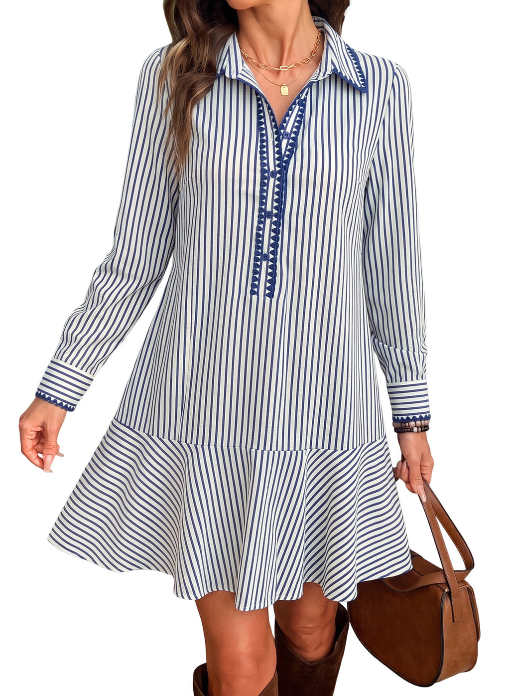 Dokotoo Womens Dresses Striped Button Babydoll Ruffle Hem Mini Dress