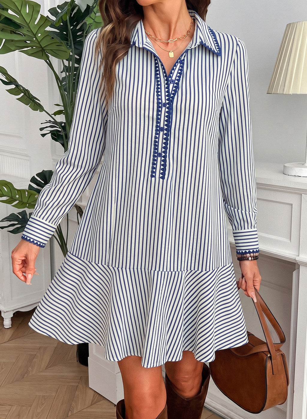 Dokotoo Womens Dresses Striped Button Babydoll Ruffle Hem Mini Dress