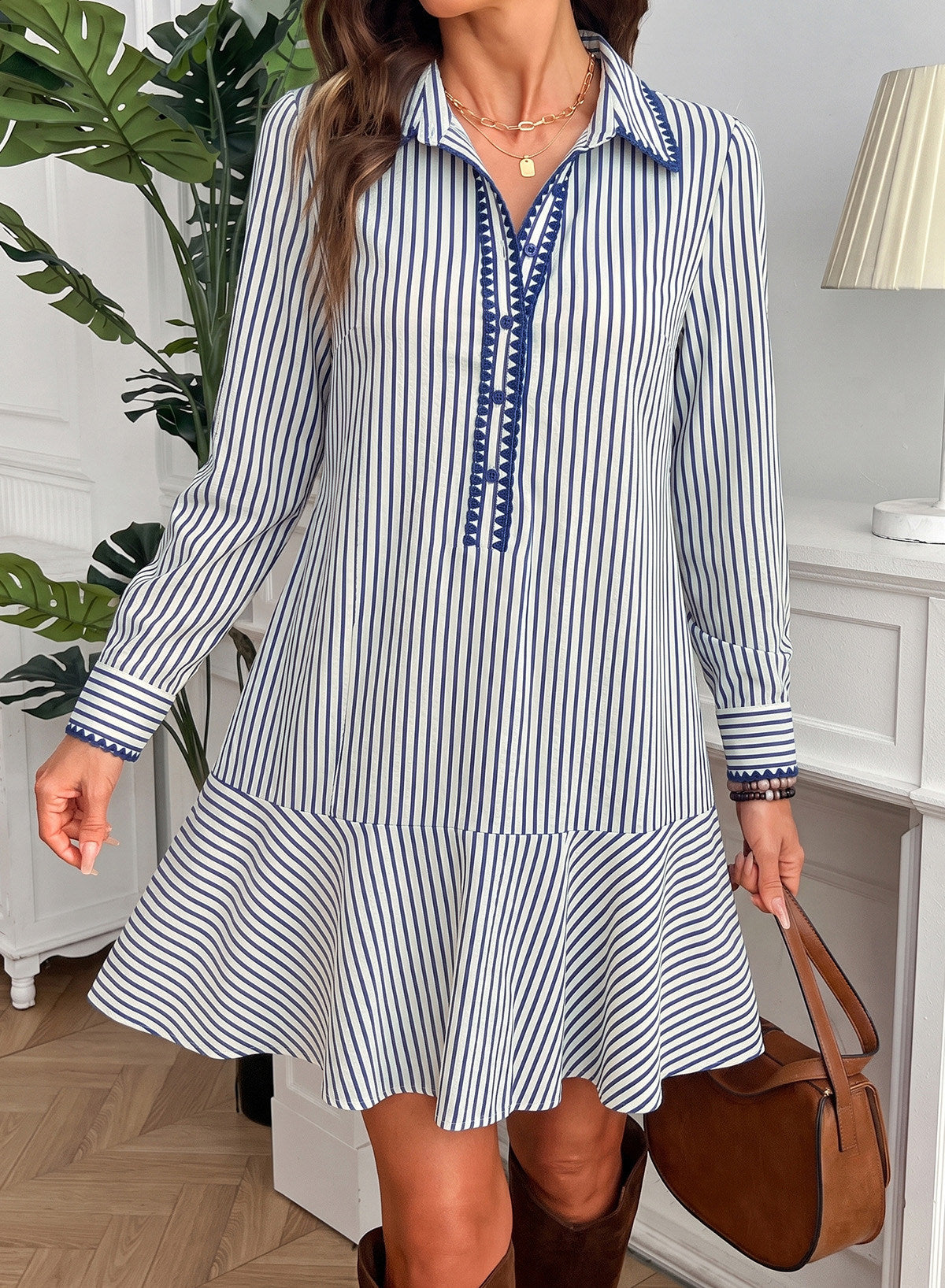 Dokotoo Womens Dresses Striped Button Babydoll Ruffle Hem Mini Dress