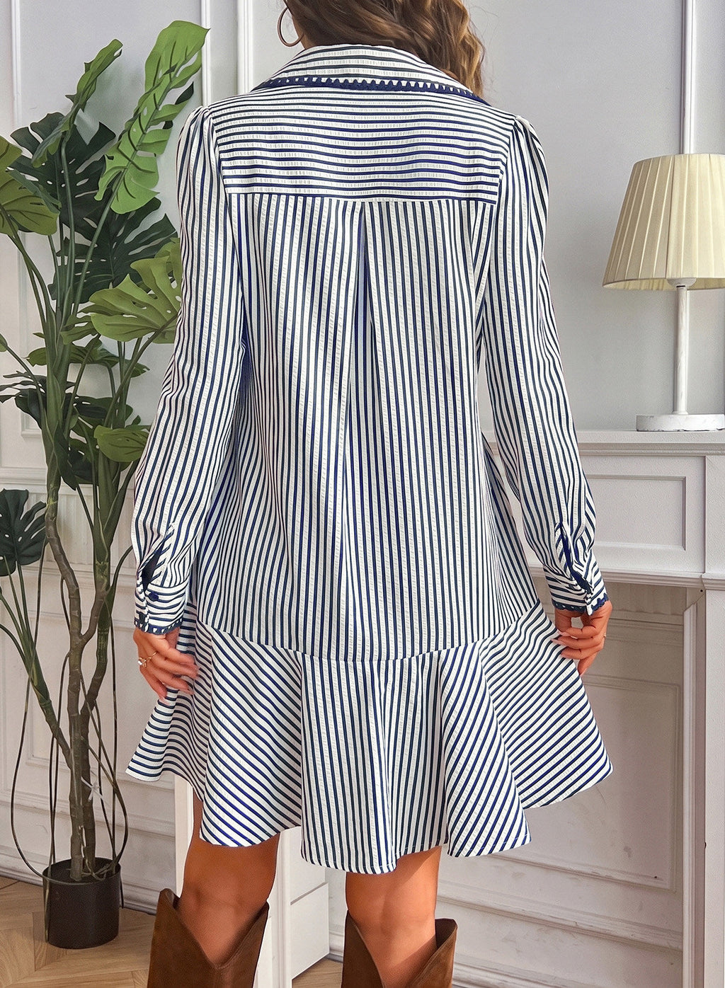 Dokotoo Womens Dresses Striped Button Babydoll Ruffle Hem Mini Dress