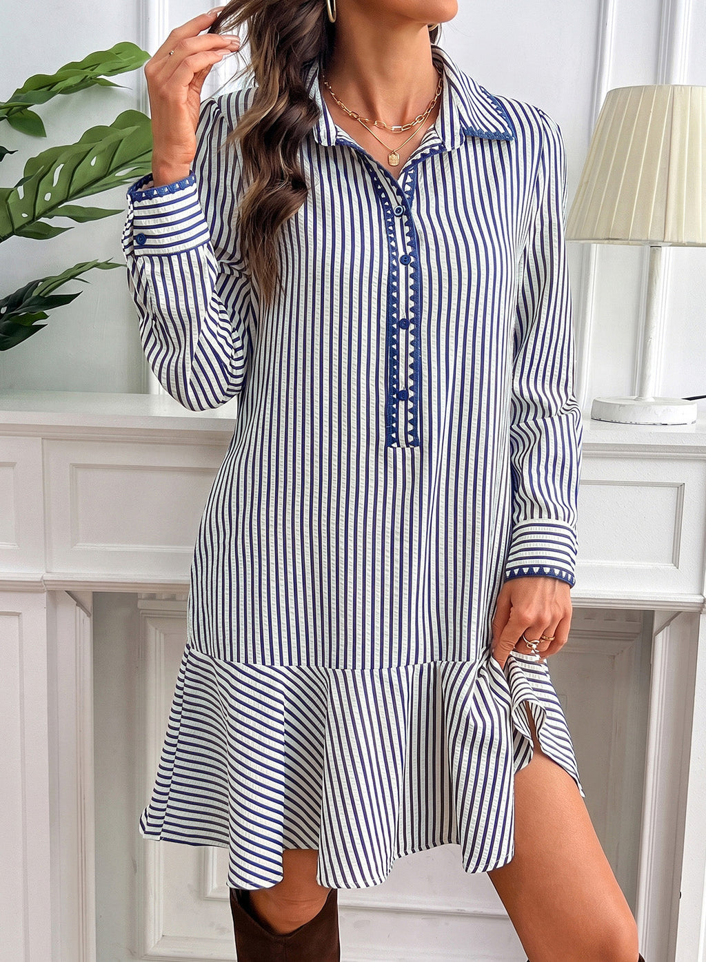 Dokotoo Womens Dresses Striped Button Babydoll Ruffle Hem Mini Dress