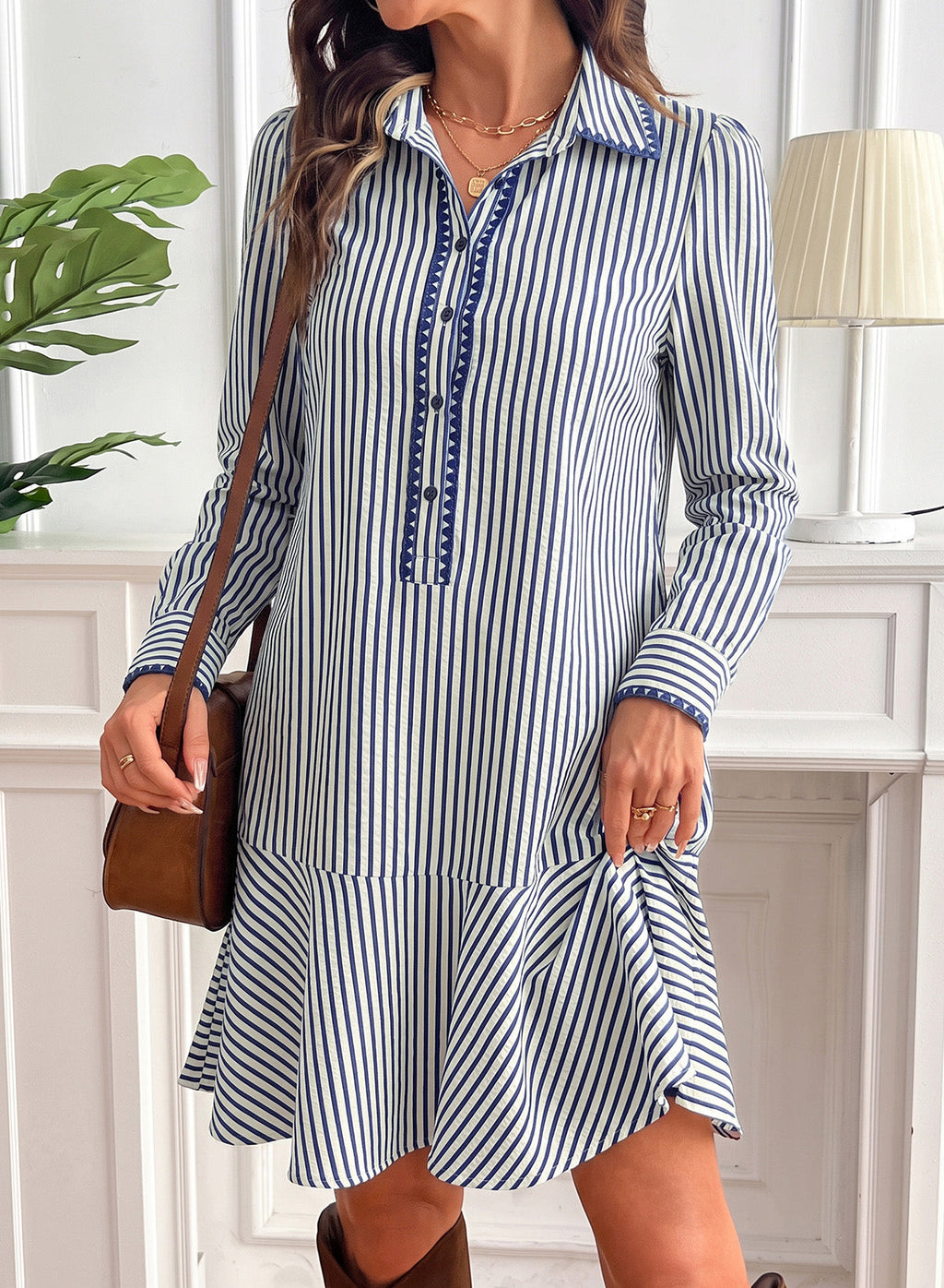Dokotoo Womens Dresses Striped Button Babydoll Ruffle Hem Mini Dress