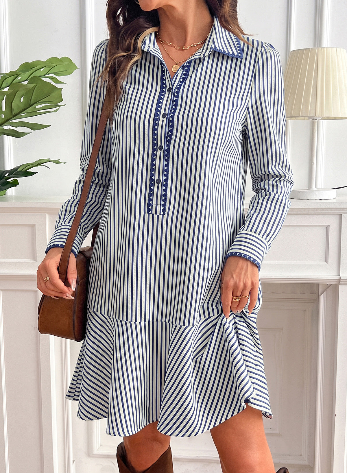 Dokotoo Womens Dresses Striped Button Babydoll Ruffle Hem Mini Dress