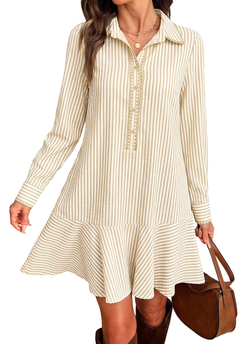 Dokotoo Womens Dresses Striped Button Babydoll Ruffle Hem Mini Dress