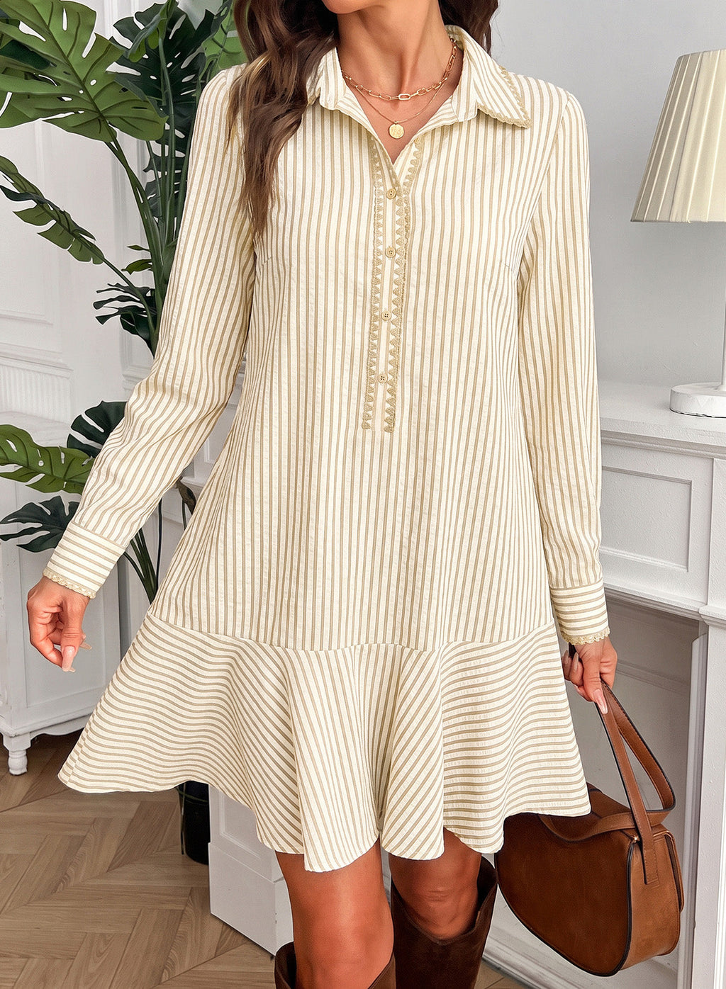 Dokotoo Womens Dresses Striped Button Babydoll Ruffle Hem Mini Dress