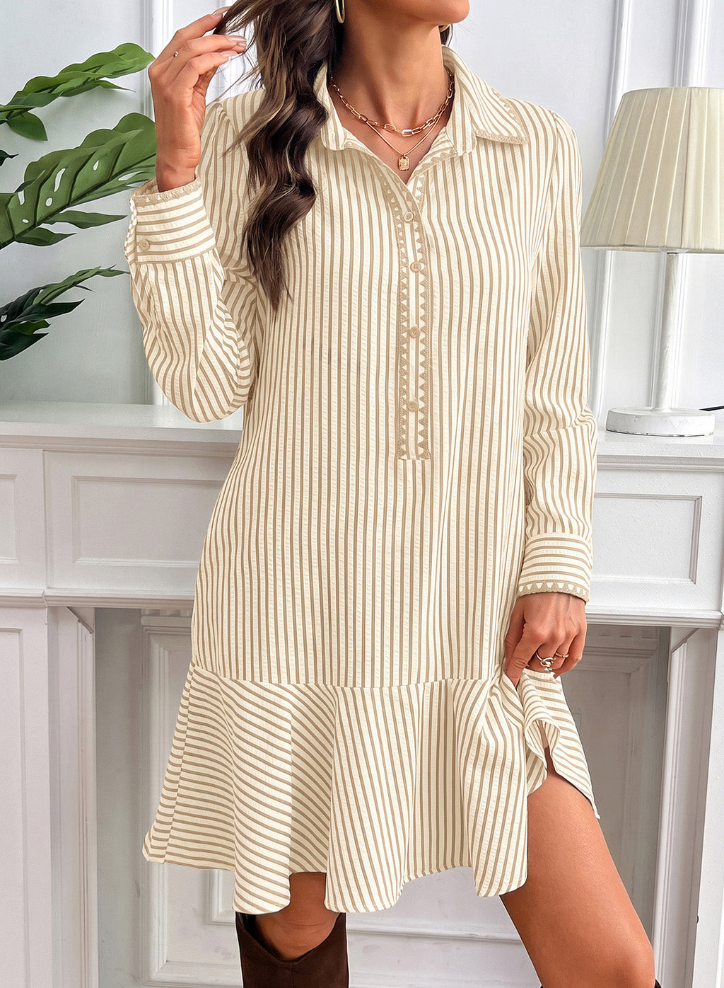 Dokotoo Womens Dresses Striped Button Babydoll Ruffle Hem Mini Dress