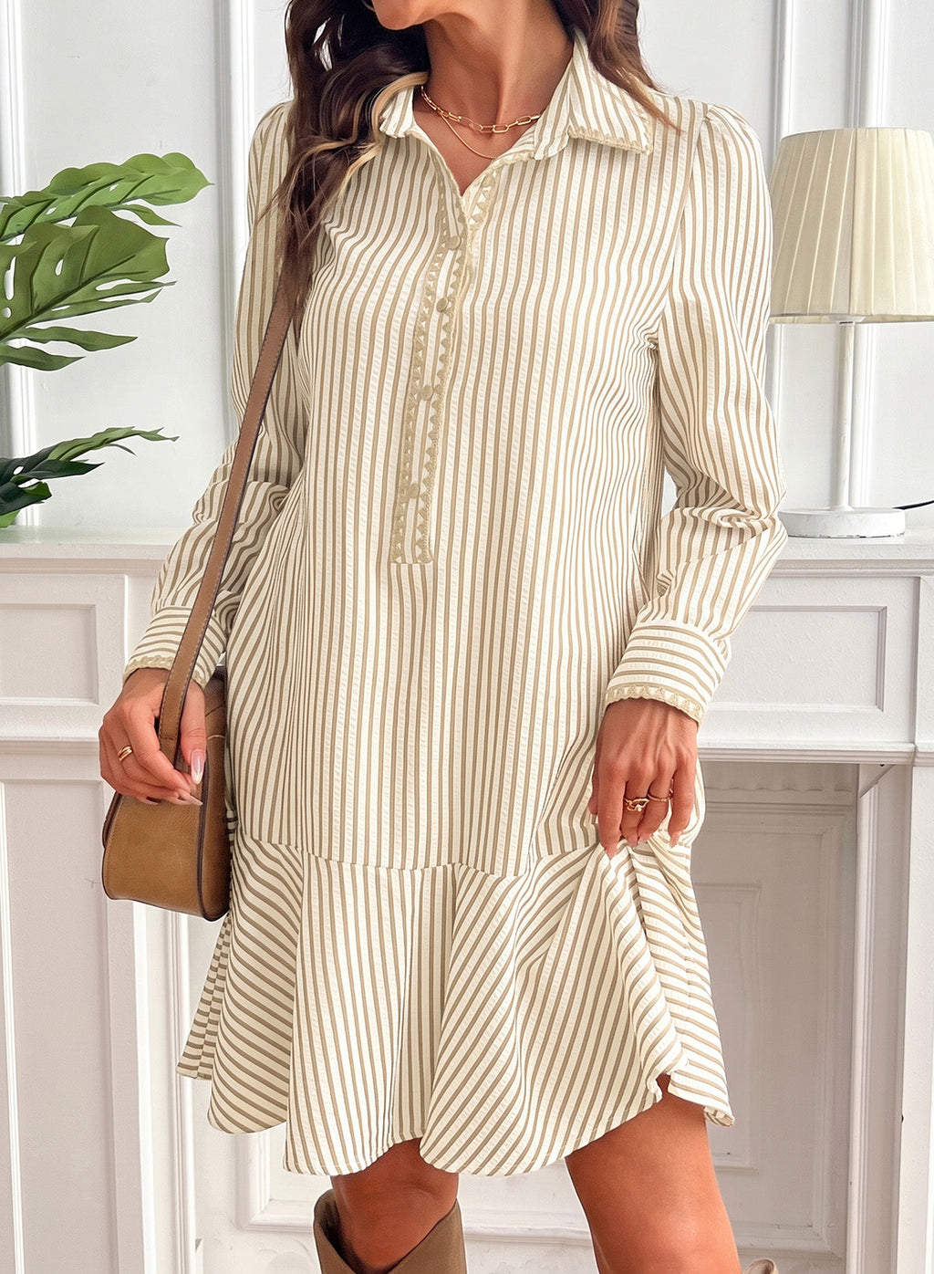 Dokotoo Womens Dresses Striped Button Babydoll Ruffle Hem Mini Dress