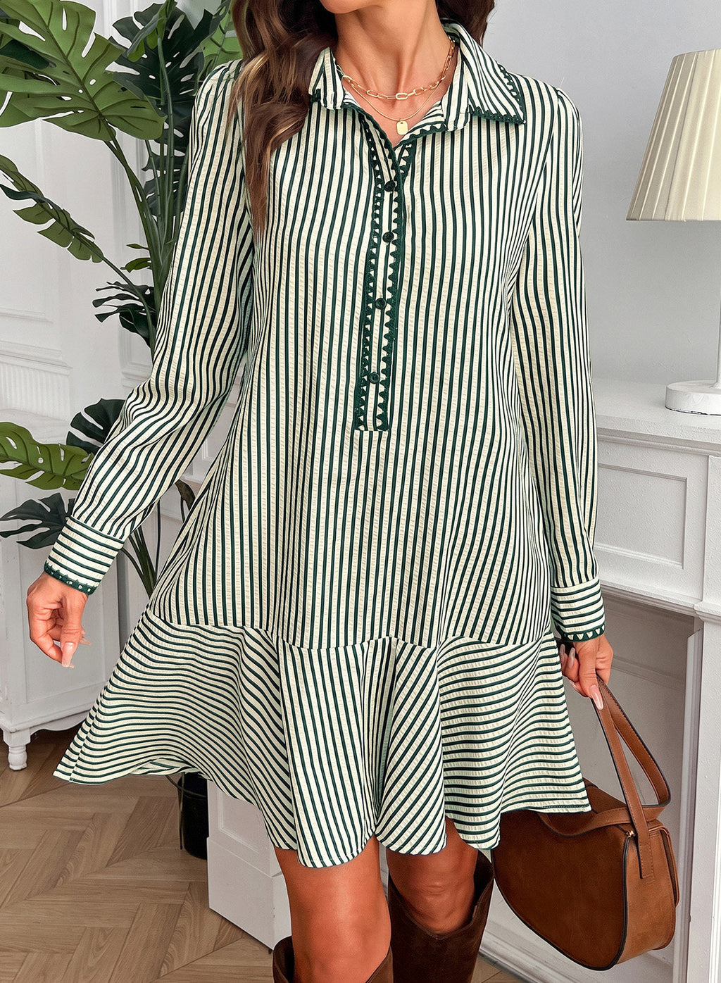 Dokotoo Womens Dresses Striped Button Babydoll Ruffle Hem Mini Dress
