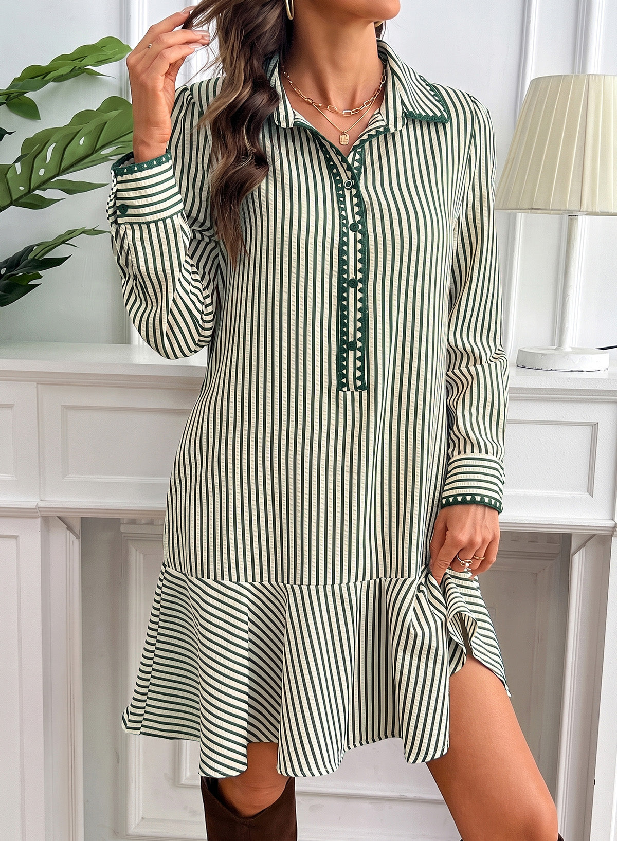 Dokotoo Womens Dresses Striped Button Babydoll Ruffle Hem Mini Dress