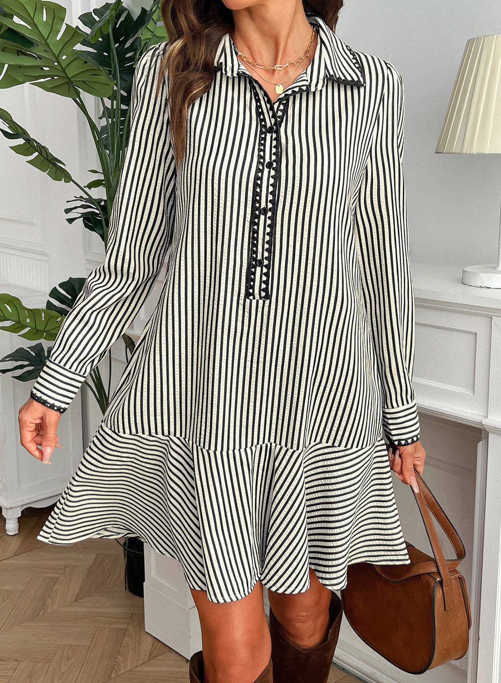 Dokotoo Womens Dresses Striped Button Babydoll Ruffle Hem Mini Dress