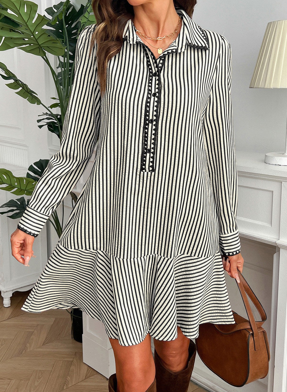 Dokotoo Womens Dresses Striped Button Babydoll Ruffle Hem Mini Dress
