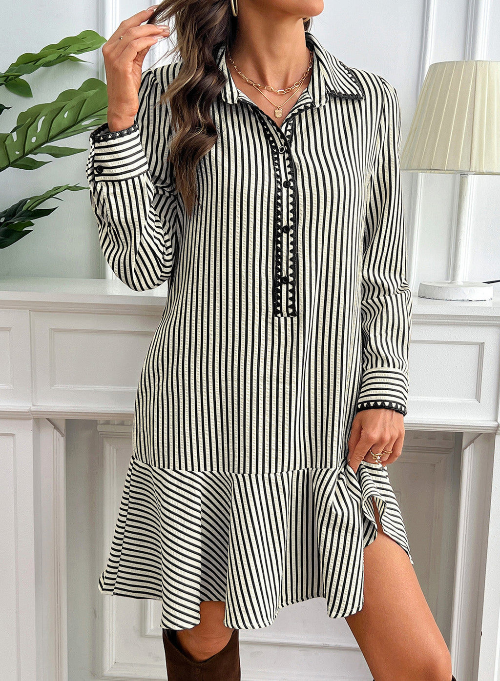 Dokotoo Womens Dresses Striped Button Babydoll Ruffle Hem Mini Dress