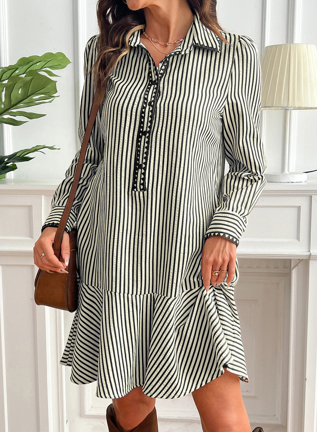 Dokotoo Womens Dresses Striped Button Babydoll Ruffle Hem Mini Dress