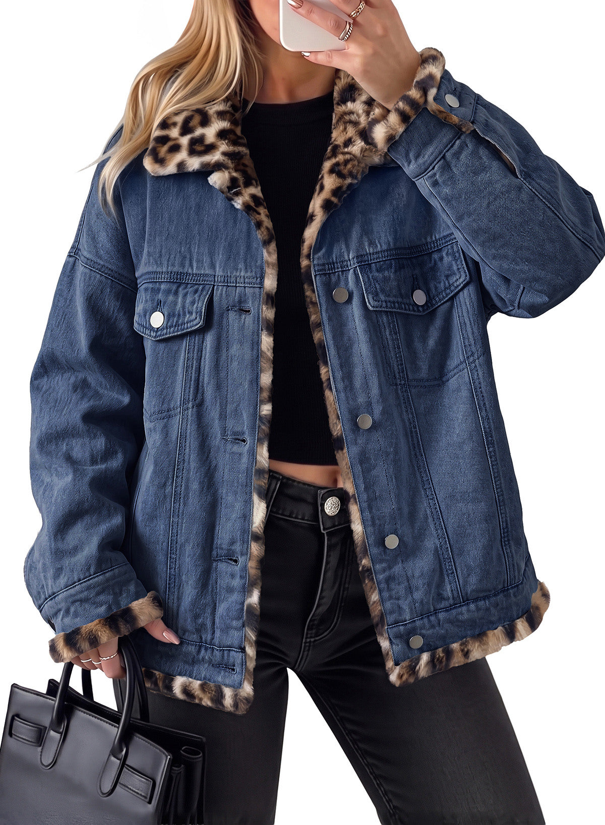 Dokotoo Womens Leopard Sherpa Fleece Thick Warm Oversized Jean Jacket