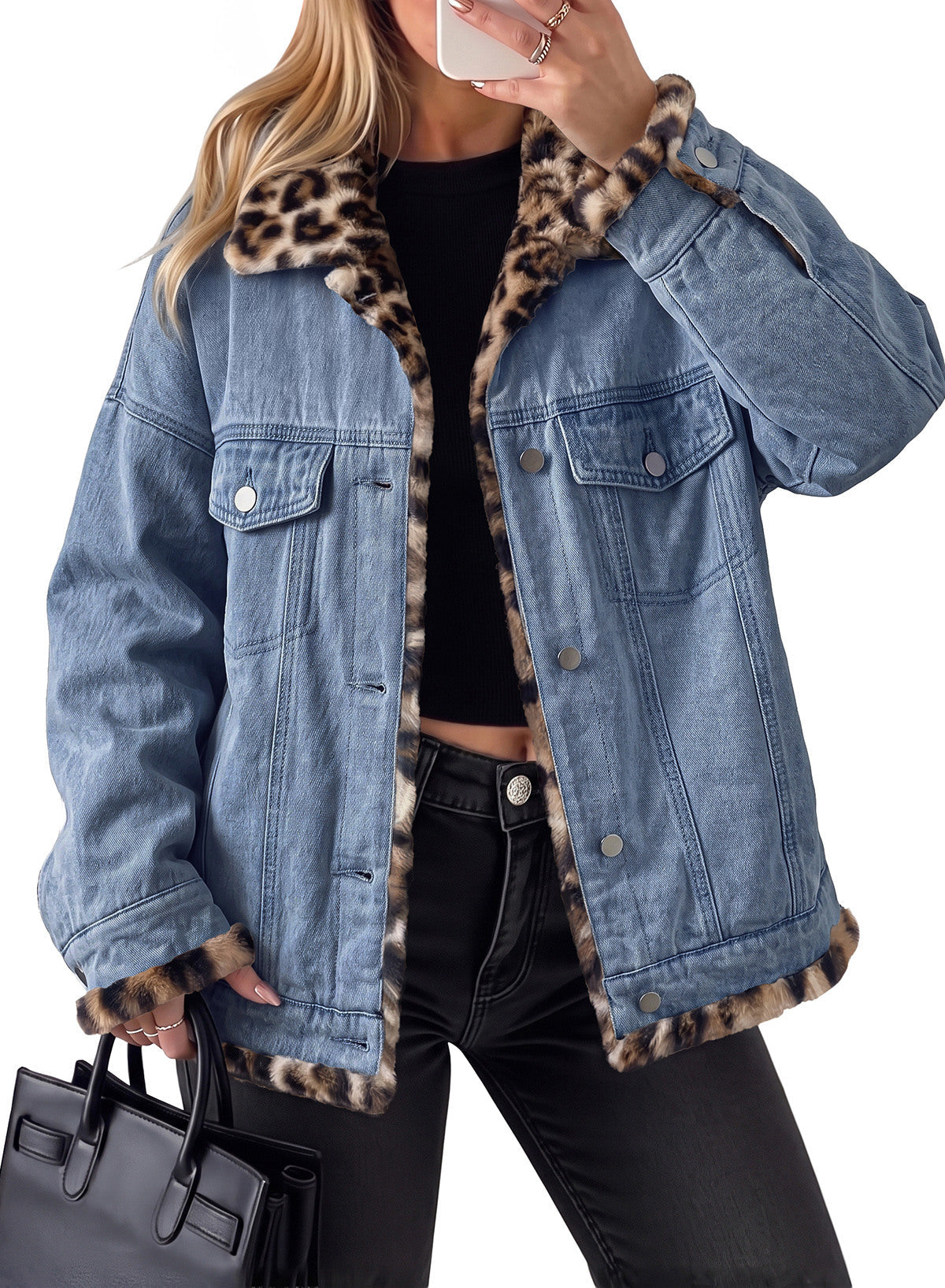 Dokotoo Womens Leopard Sherpa Fleece Thick Warm Oversized Jean Jacket