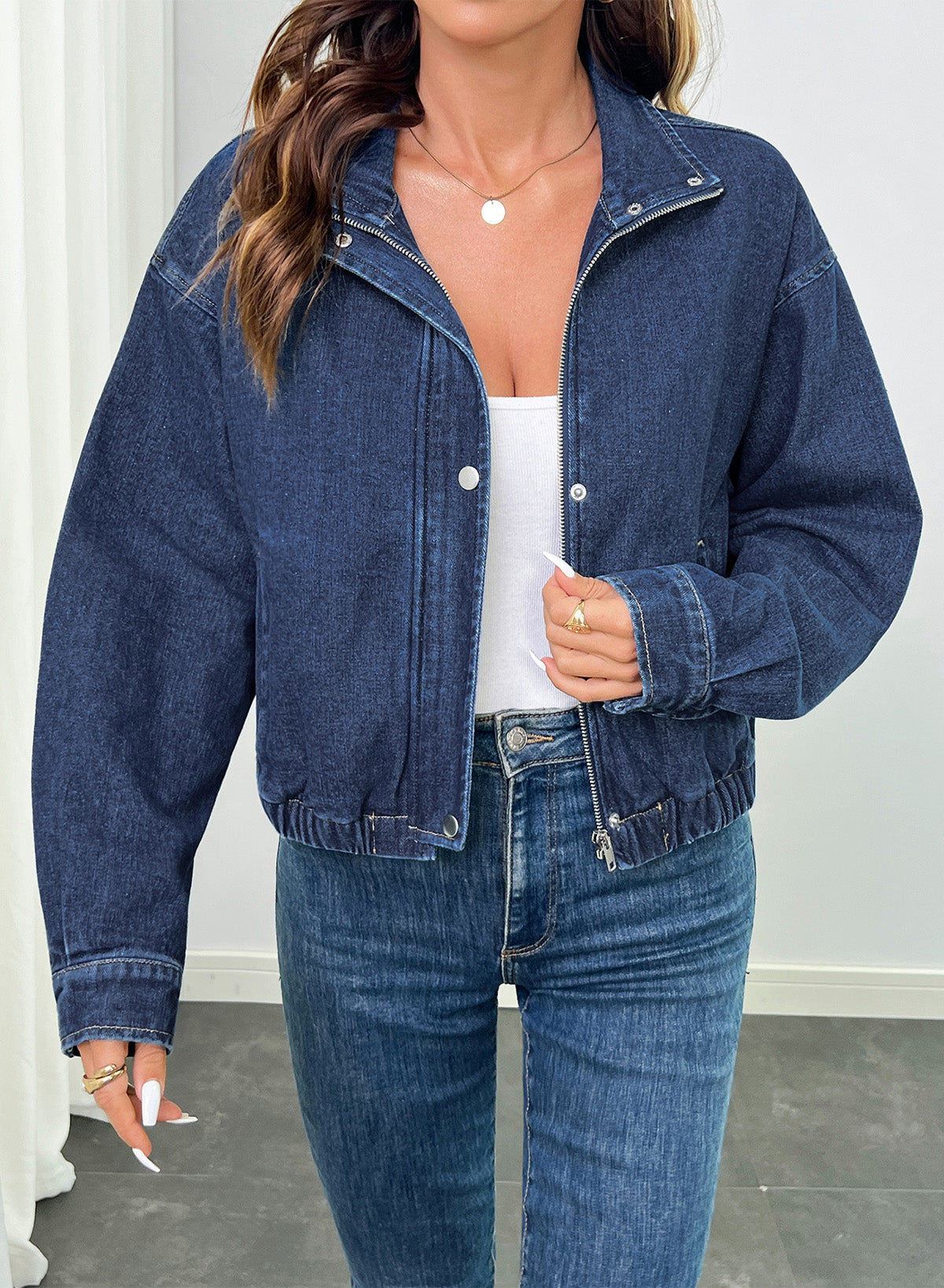Dokotoo Womens Cropped Jean Jacket Zip Up Oversized Denim Jacket
