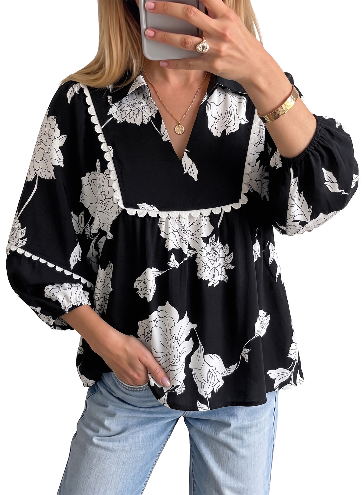 Dokotoo Womens Babydoll Tops 3/4 Sleeve Dressy Casual Blouse Collar Shirts