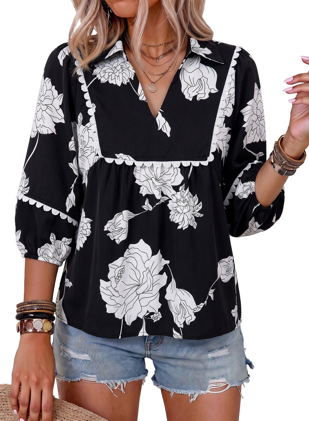 Dokotoo Womens Babydoll Tops 3/4 Sleeve Dressy Casual Blouse Collar Shirts