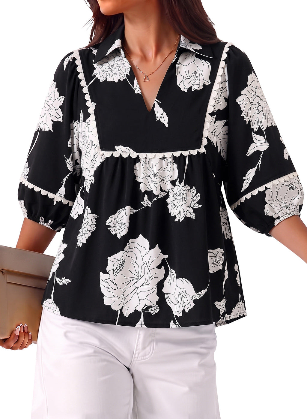 Dokotoo Womens Babydoll Tops 3/4 Sleeve Dressy Casual Blouse Collar Shirts