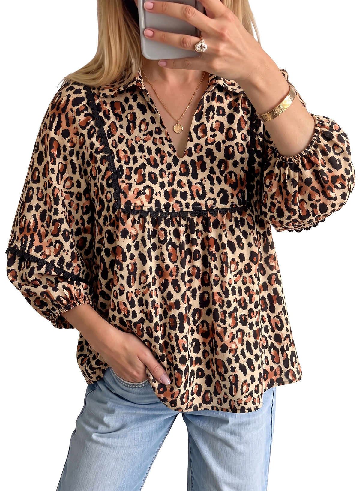 Dokotoo Womens Babydoll Tops 3/4 Sleeve Dressy Casual Blouse Collar Shirts
