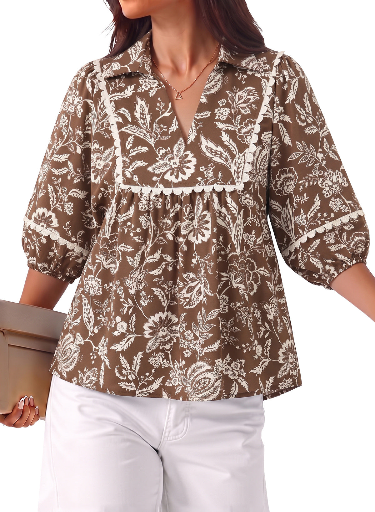 Dokotoo Womens Babydoll Tops 3/4 Sleeve Dressy Casual Blouse Collar Shirts